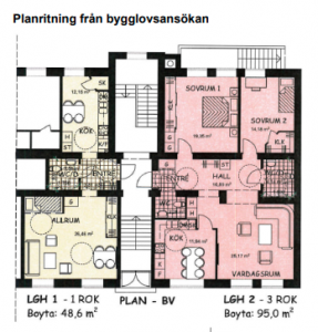 Bilden visar planritning för lägenheterna på Frykholmsgatan.